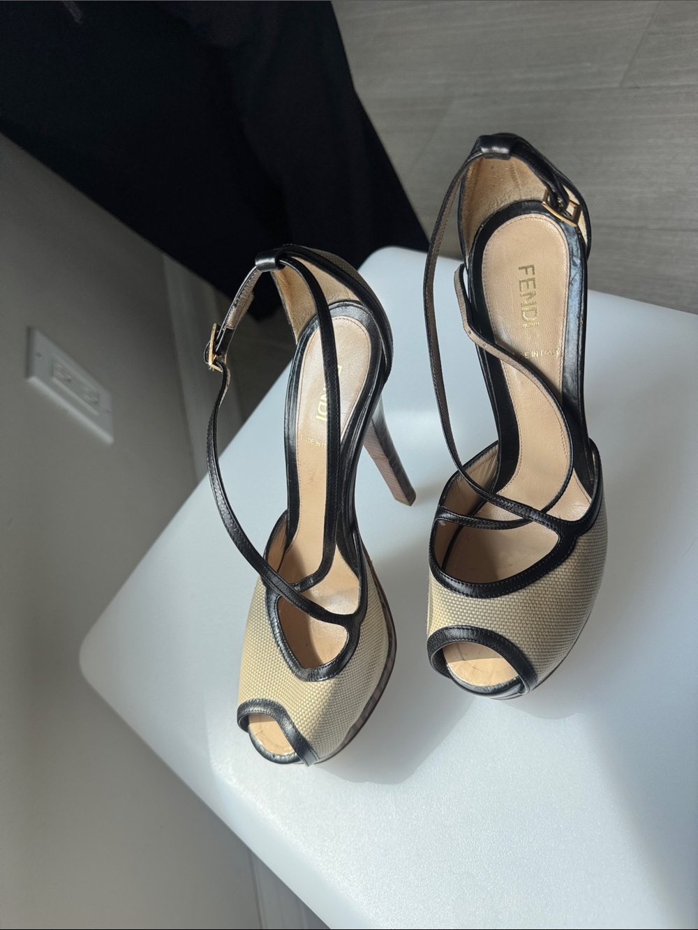 HOT Fendi Beige and Black Peep-Toe Platform Sandals with Ankle Straps